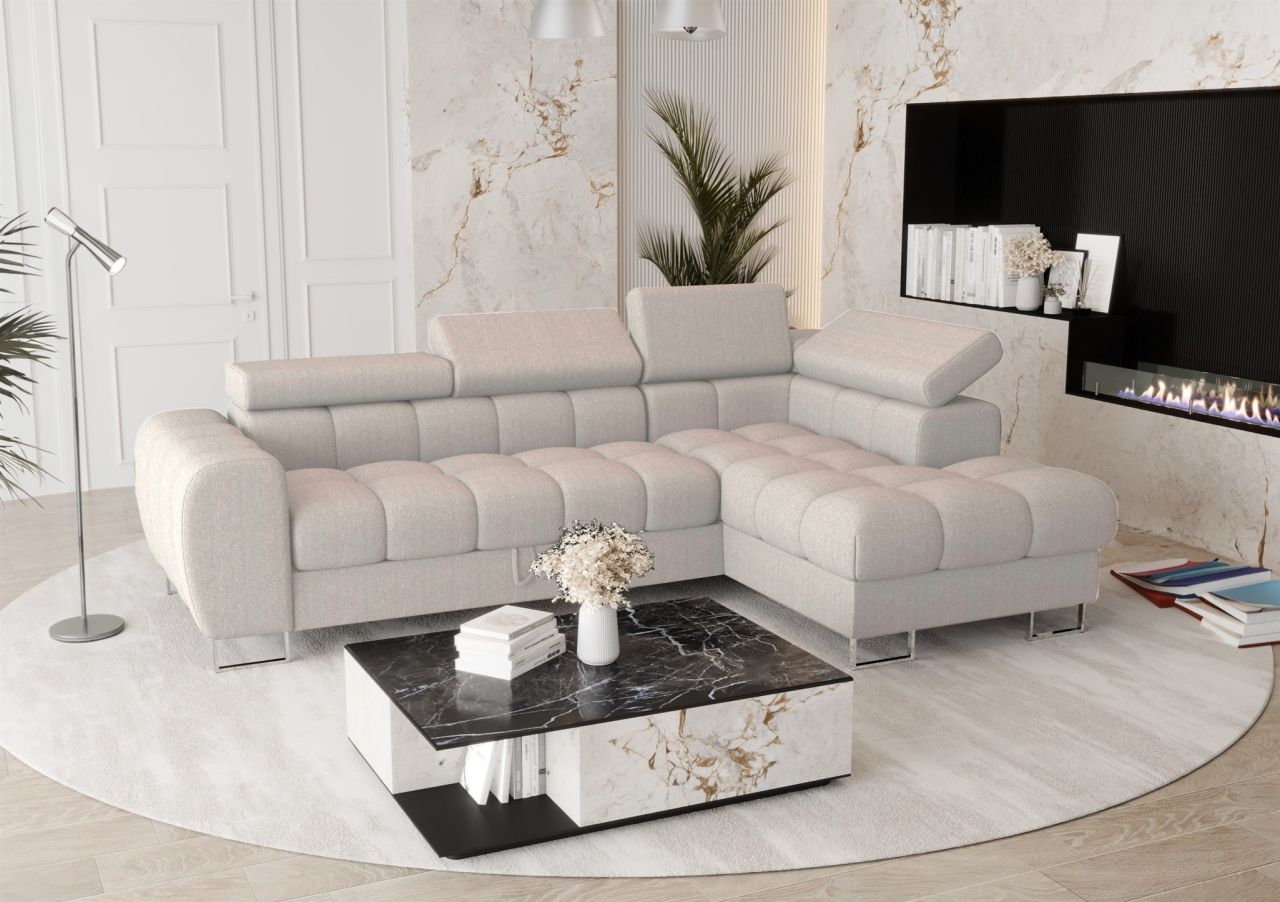 Ecksofa Schlafsofa BASTIEN in Stoff Gemma Hellgrau Ottomane Rechts
