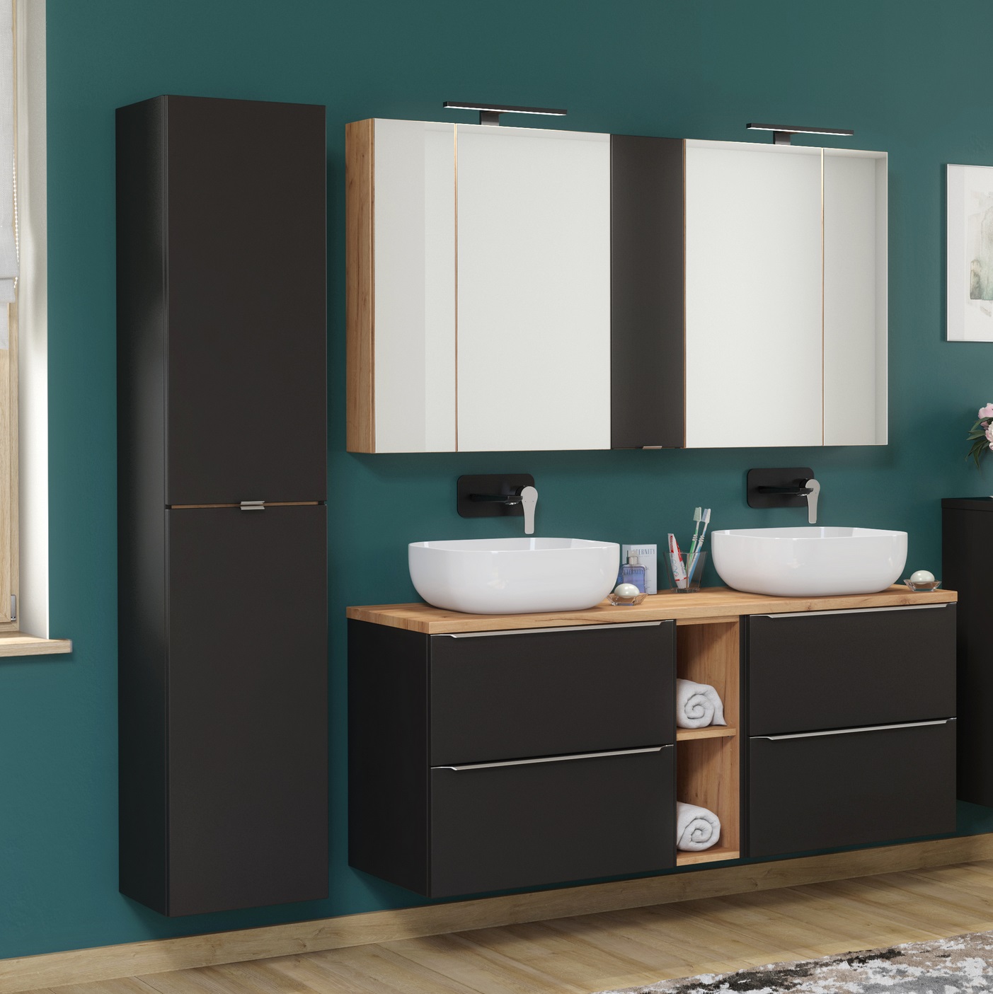 Badmöbel Set 8-tlg Badezimmerset PERUGIA Schwarz ohne Waschbecken | Badmöbel-Sets | Badmöbel