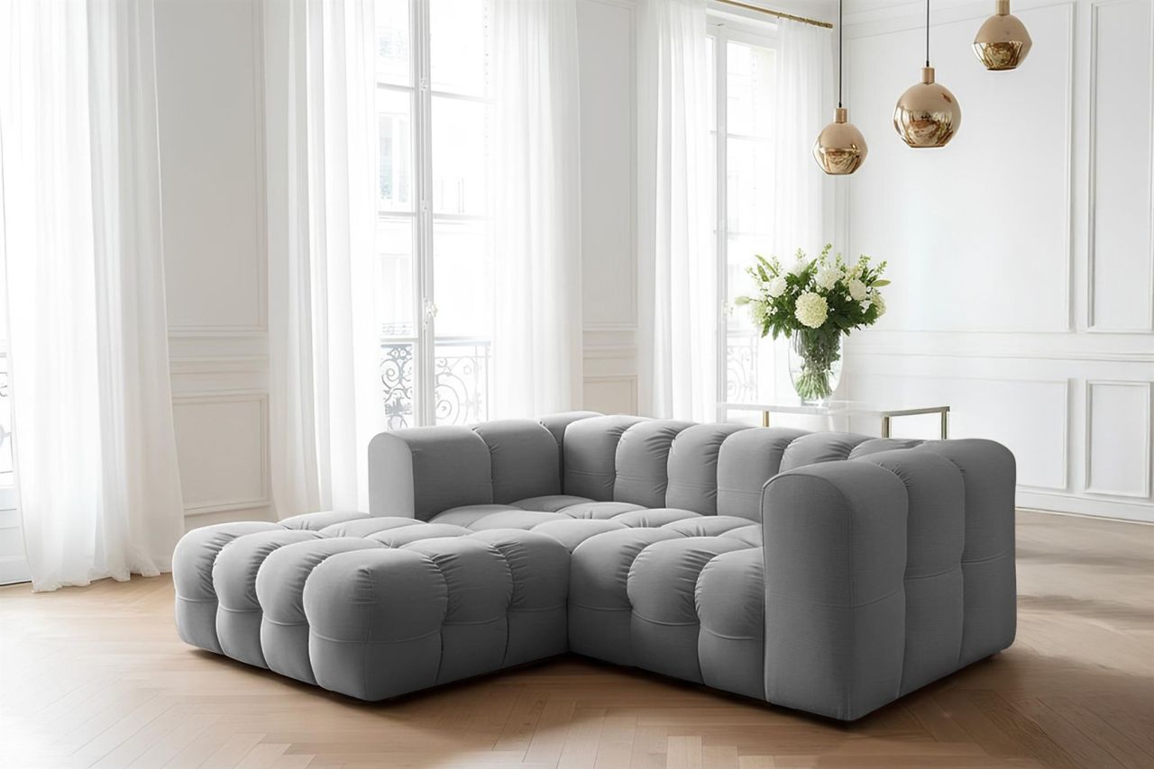 Ecksofa ersofa SOLVIE XS in Stoff Tiffani Grau Ottomane Links