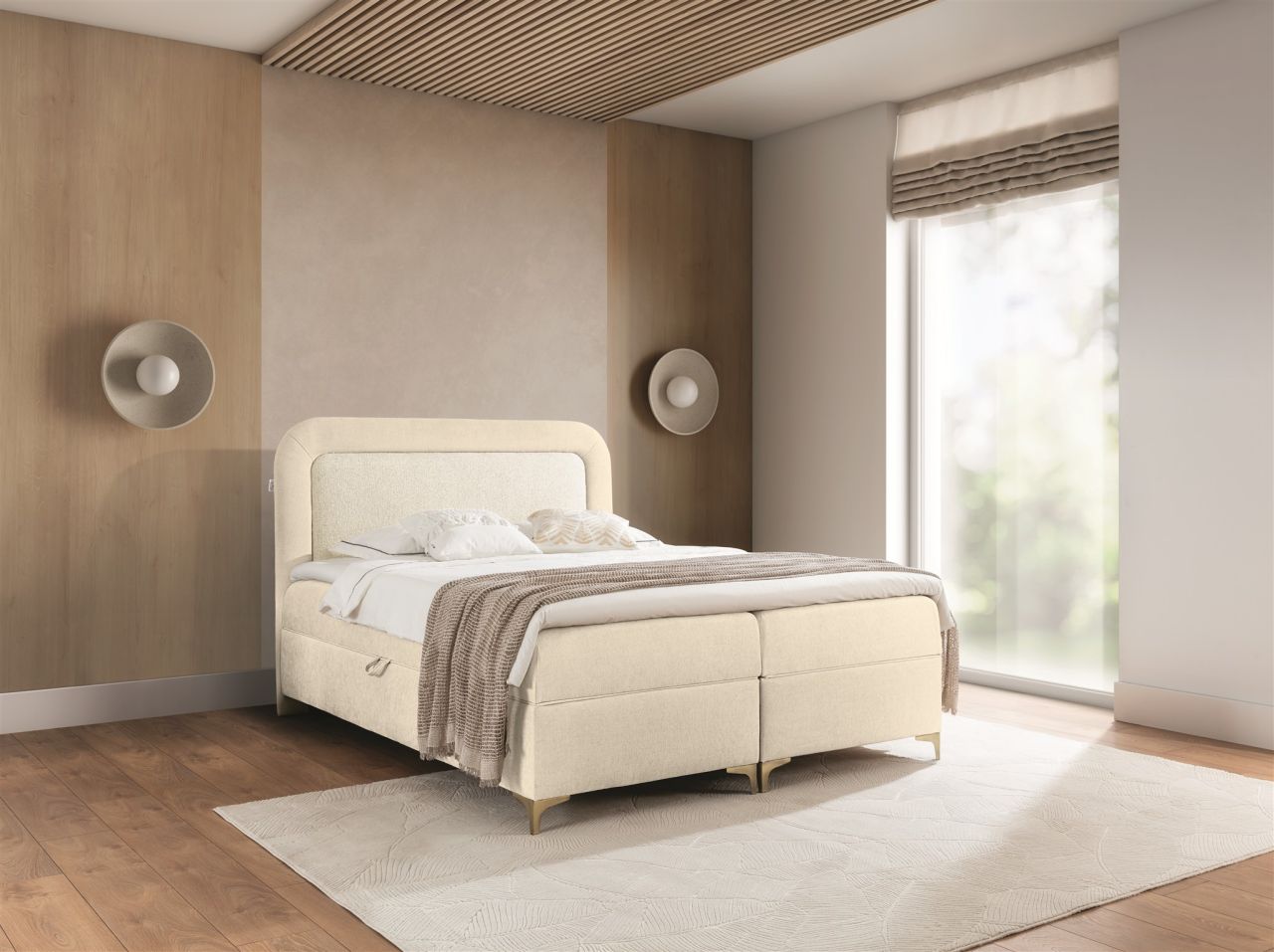 Boxspringbett Schlafzimmerbett WILLOW 140x200cm Stoff Puente Creme