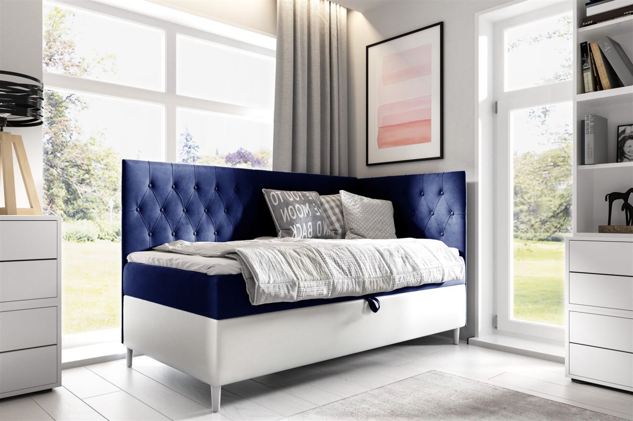 Boxspringbett Gästebett Kinderbett FINJA Nr.3 90x200cm Weiss-Blau Seite Rechts