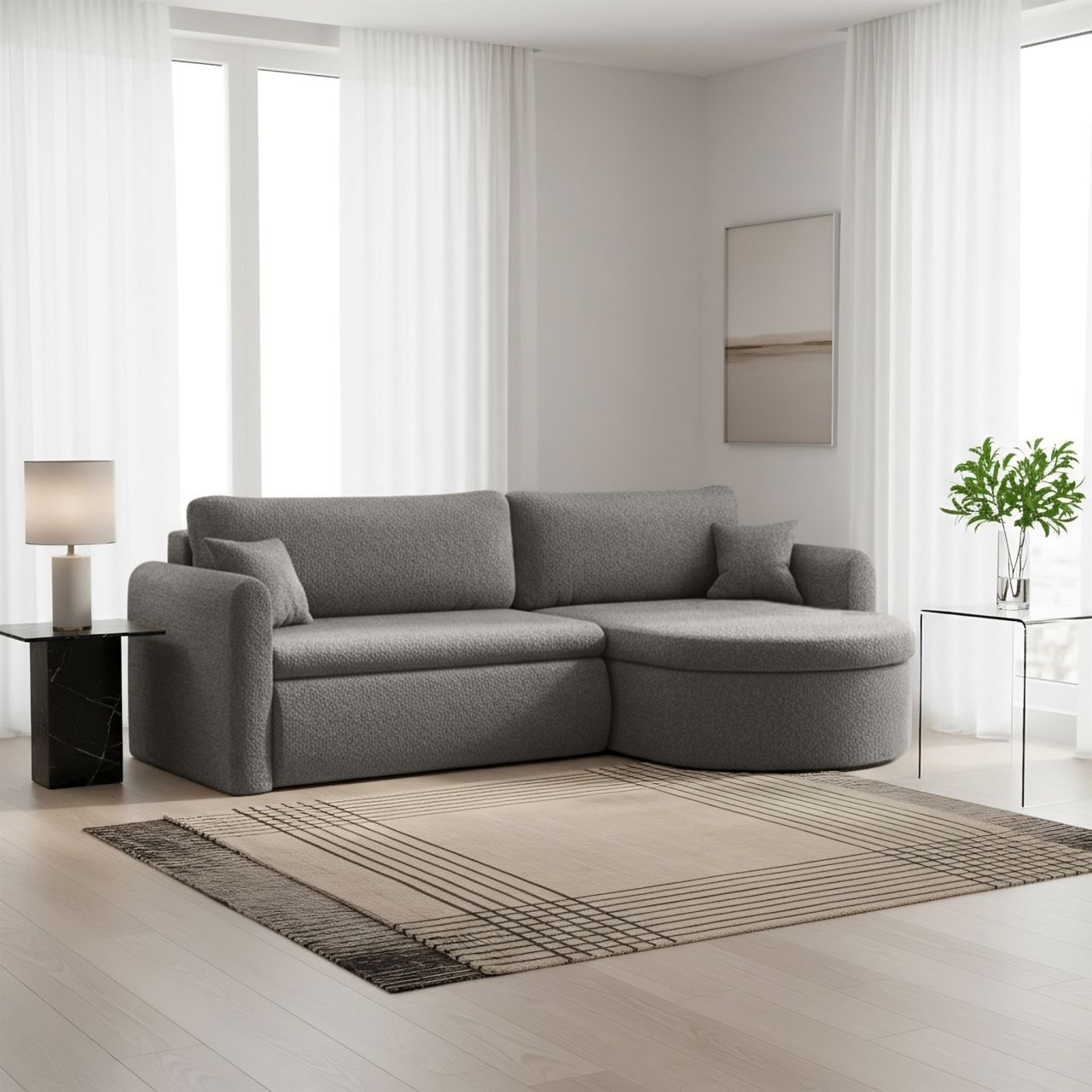 Ecksofa Schlafsofa FELIZ Stoff Quelle Grau Ottomane Rechts