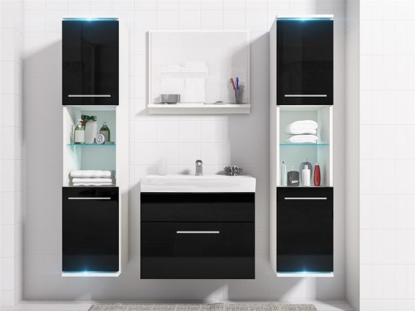 Badmöbel Set 5-Tlg Weiss / Schwarz HGL TOPLINE inkl.Waschtisch inkl.LED