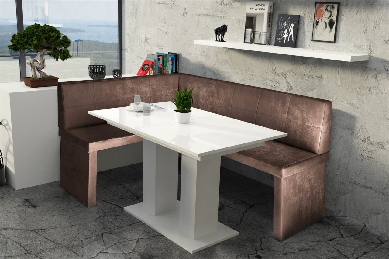 Eckbankgruppe 196x142 cm ROBIN XL R Vin..Braun / Esstisch DANTE Weiss