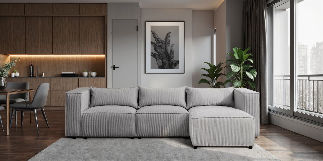 Ecksofa ersofa NEVIO in Stoff Lincoln Grau Ottomane Rechts