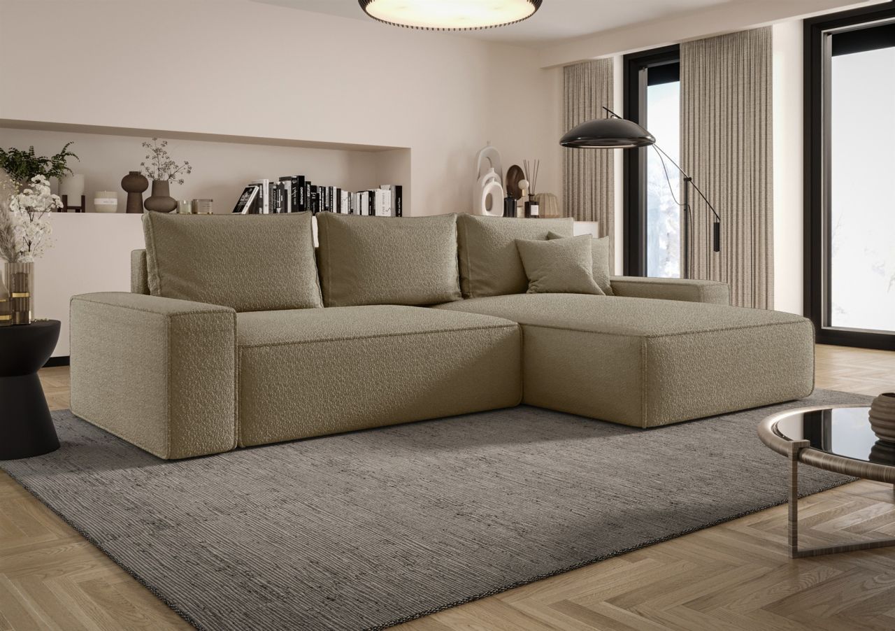 Ecksofa Schlafsofa Sofa WALKEN Stoff Quelle Dunkelbeige Ottomane Rechts