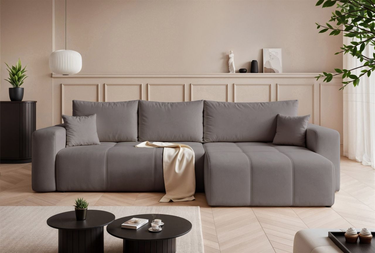 Ecksofa Schlafsofa Sofa LEROS in Stoff Manila Grau Ottomane Rechts