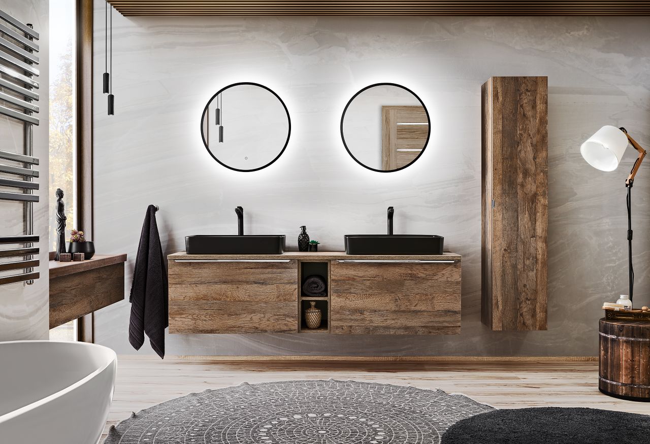 Badmöbel Set 6-tlg Badezimmerset AKAN Vintage Eiche Spiegel 60cm ohne Waschtisch