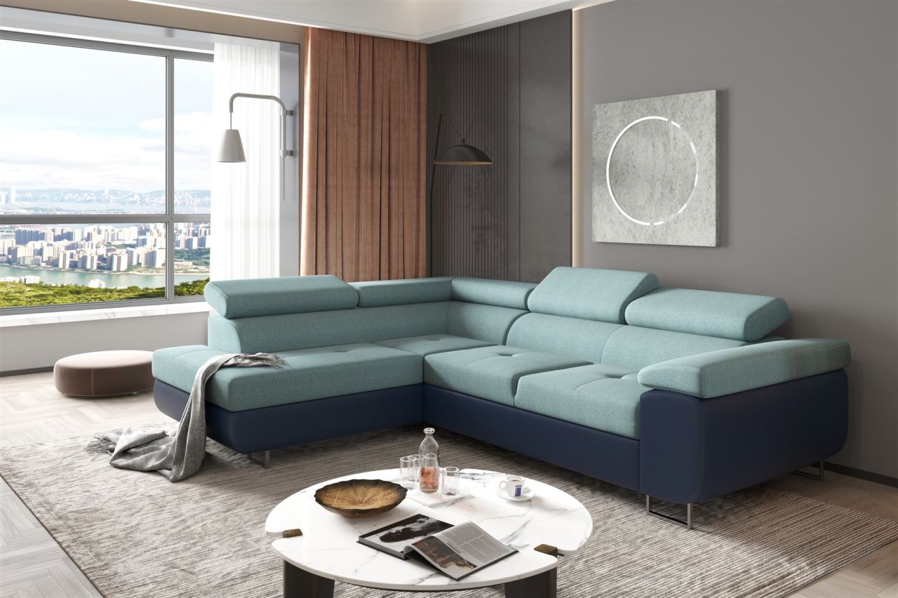 Couchgarnitur JADE Blau-Meeresgrün mit Schlaffunktion Ottomane Links