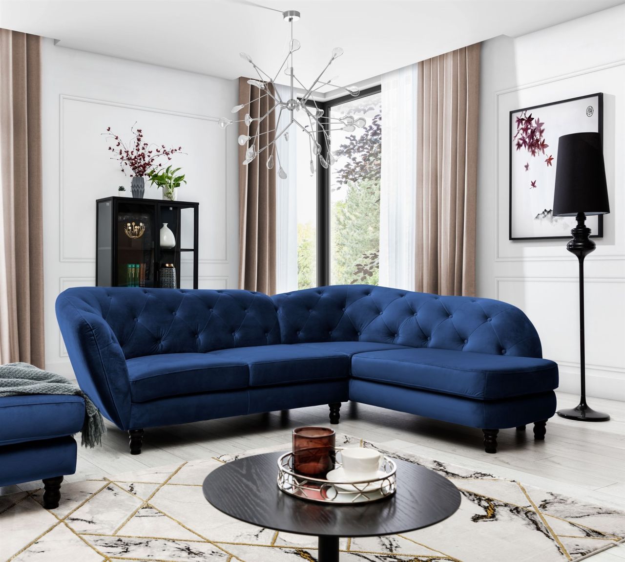 Ecksofa ersofa CHARLOTTE in Stoff Matt Velvet Dunkelblau Ottomane Rechts