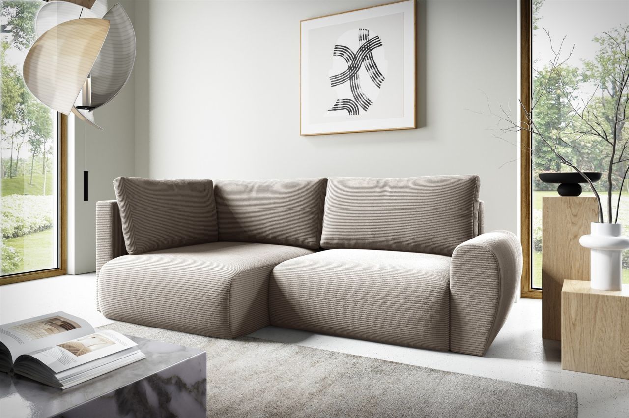 Fun Möbel Beige Ecksofa Schlafsofa Galan Mini Stoff Poso Ottomane Links