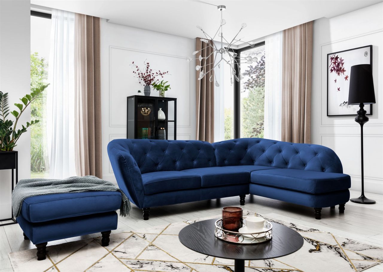 Ecksofa inkl.Hocker CHARLOTTE in Stoff Matt Velvet Dunkelblau Ottomane Rechts