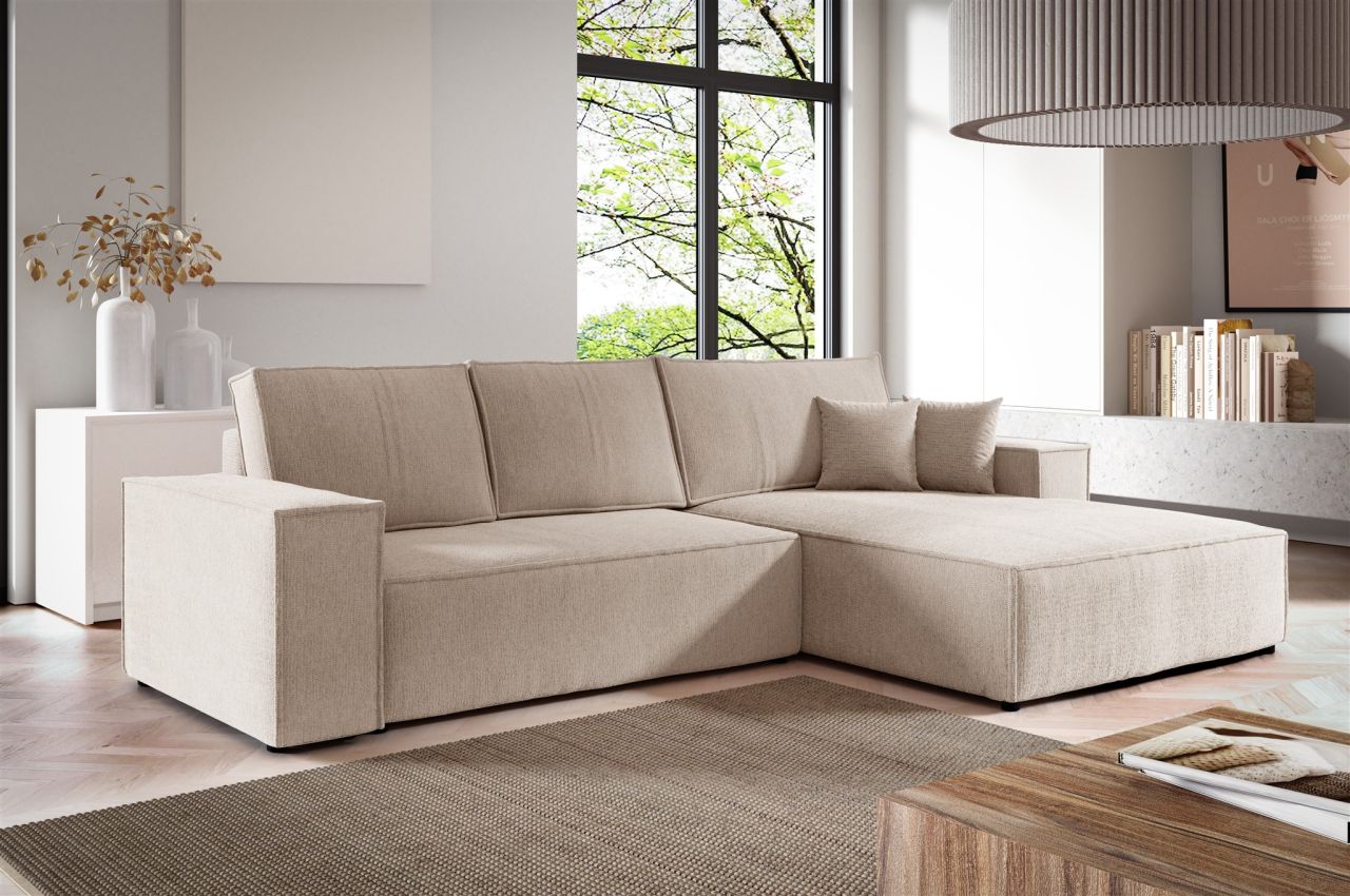 Ecksofa Schlafsofa LEVIO Stoff ARAGON Creme Ottomane Rechts