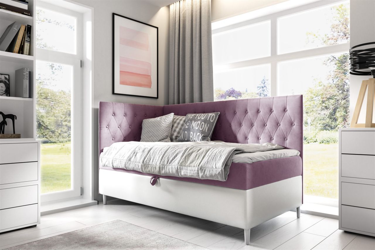 Boxspringbett Gästebett Kinderbett FINJA Nr.3 90x200cm Weiss-Rosa Seite Links