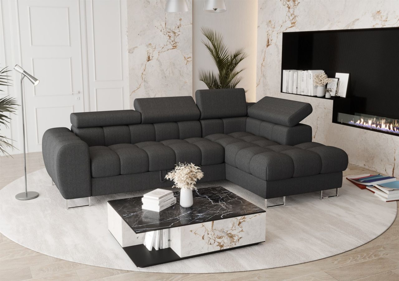 Ecksofa Schlafsofa BASTIEN in Stoff Gemma Dunkelgrau Ottomane Rechts
