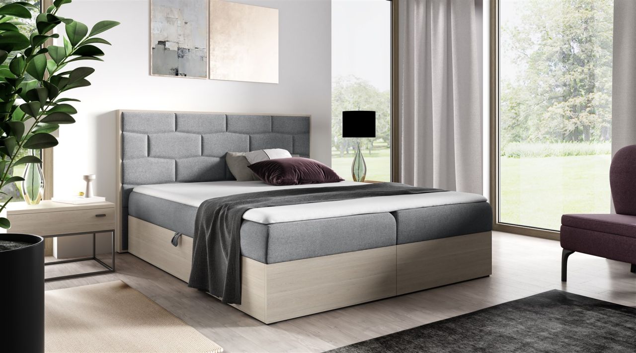 Boxspringbett Bett BEILA 120x200cm Nordic Teak Stoff Grau inkl. Bettkasten