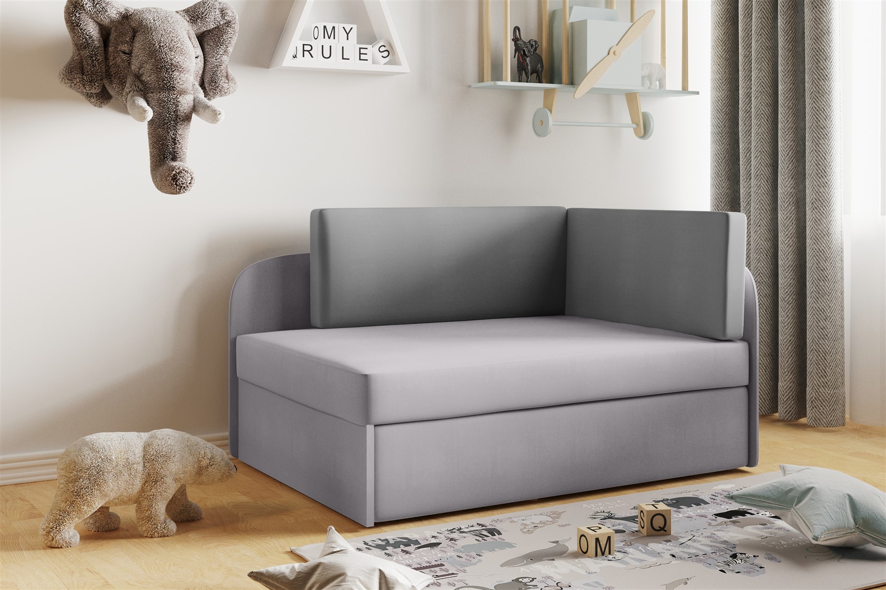 Sofa Kindersofa Schlafsofa inkl. Bettkasten MAILO Seite Links Stoff Grau | Sofas | Sitzen & Liegen | Kinder- & Jugendzimmer