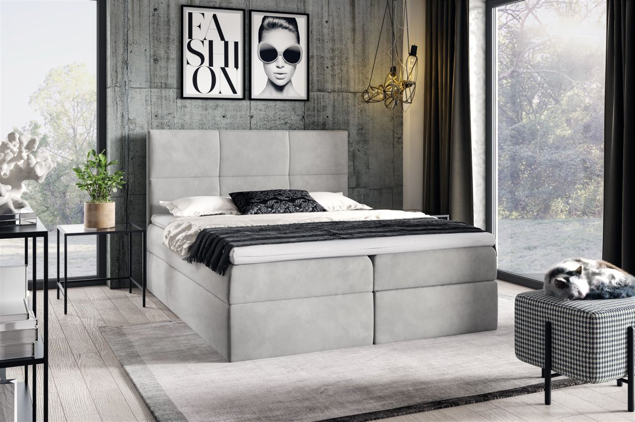 Boxspringbett Schlafzimmerbett HUDSON 160x200cm in Stoff Fresh Hellgrau