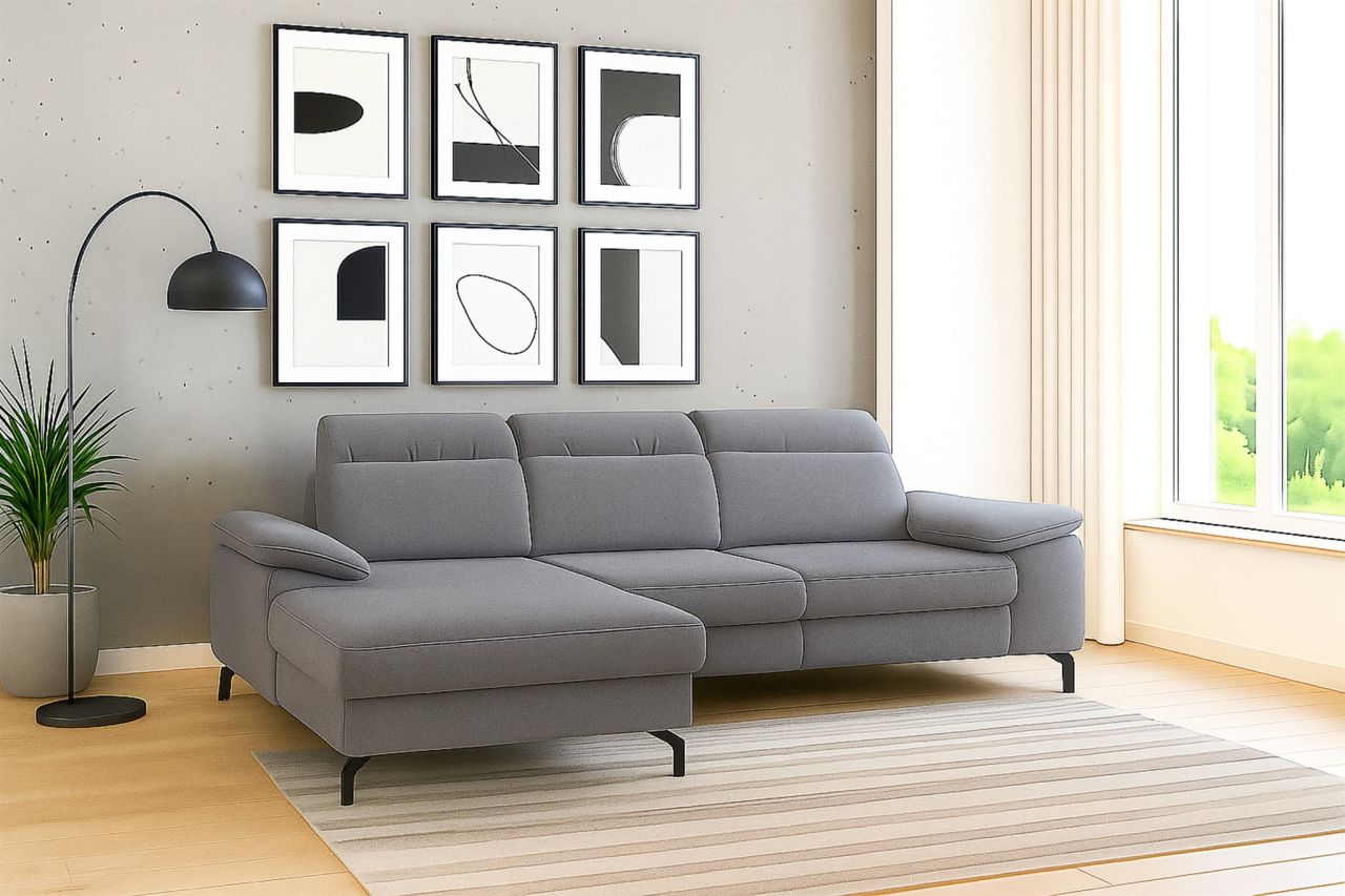 Ecksofa mit Schlaffunktion Sofa MARGIT in Stoff Alfa Grau Ottomane Links