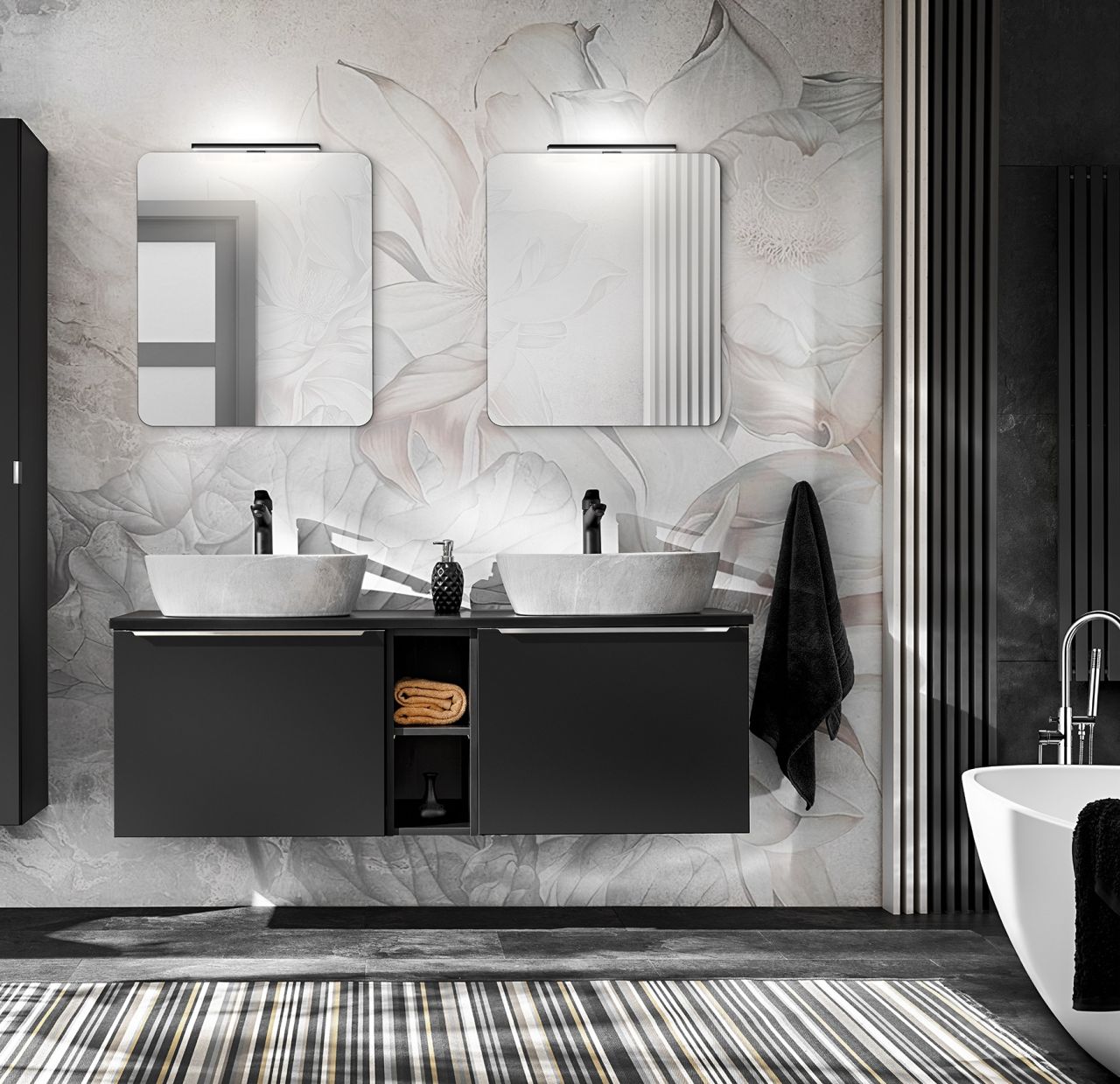 Badmöbel Set 5-tlg Badezimmerset AKAN Schwarz matt 2 Spiegel ohne Waschtisch