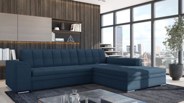 Ecksofa Schlafsofa Sofa LUSAKA in Stoff Lincoln Dunkelblau Ottomane Rechts | Ottomane: Rechts | Ecksofas mit Schlaffunktion | Polstermöbel