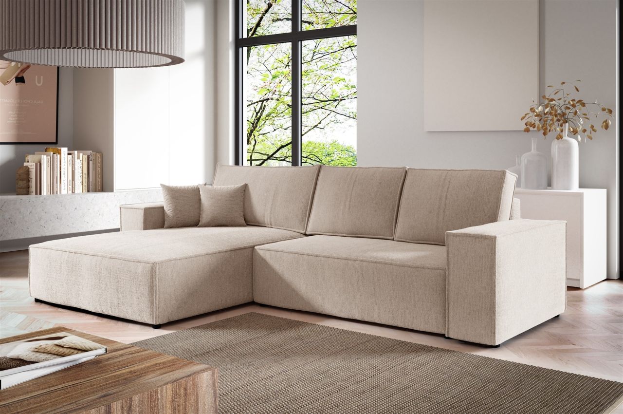 Ecksofa Schlafsofa LEVIO Stoff ARAGON Creme Ottomane Links