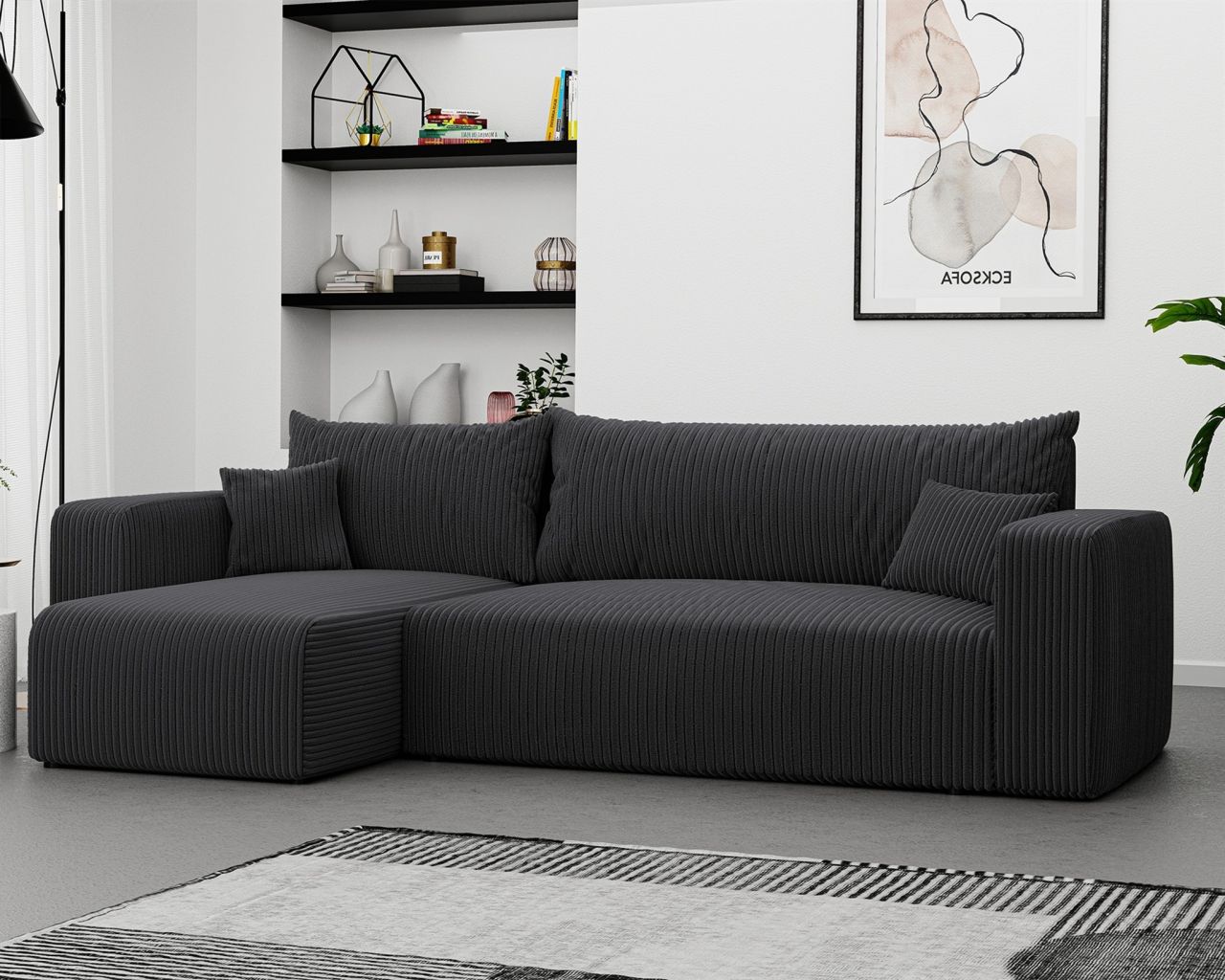 Ecksofa mit Schlaffunktion Sofa LUNA Stoff Poso Dunkelgrau Ottomane Links