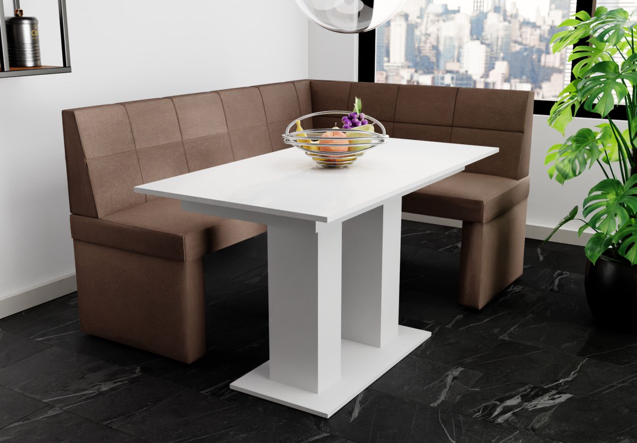 Eckbankgruppe 196x142 cm BLAKE XL L Stoff Soro Braun / Esstisch DANTE Weiß