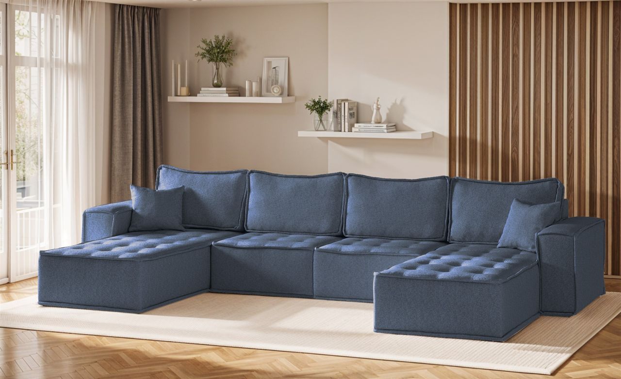 Wohnlandschaft Sofa U-Form Modulsofa-Set 4-teilig SANDE Stoff Raven Blau