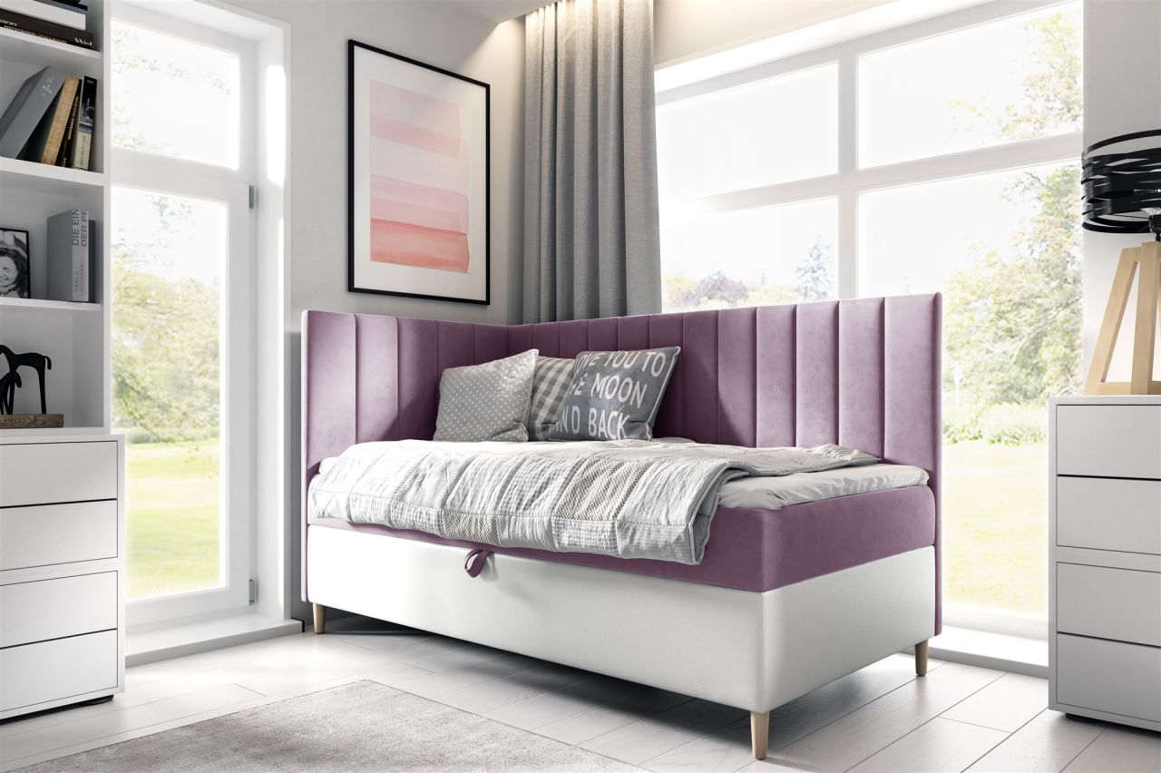 Boxspringbett Gästebett Kinderbett HELVI Nr.3 90x200cm Weiss-Rosa Seite Links