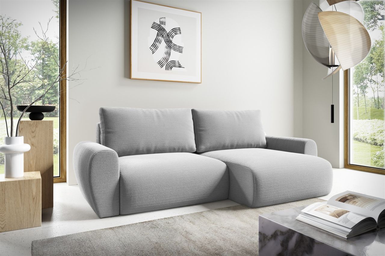Fun Möbel Ecksofa Schlafsofa Galan Stoff Poso Hellgrau Ottomane Rechts
