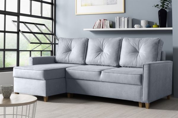 Couchgarnitur BOSCO L-Form in Polyesterstoff Hellgrau /Ottomane Links