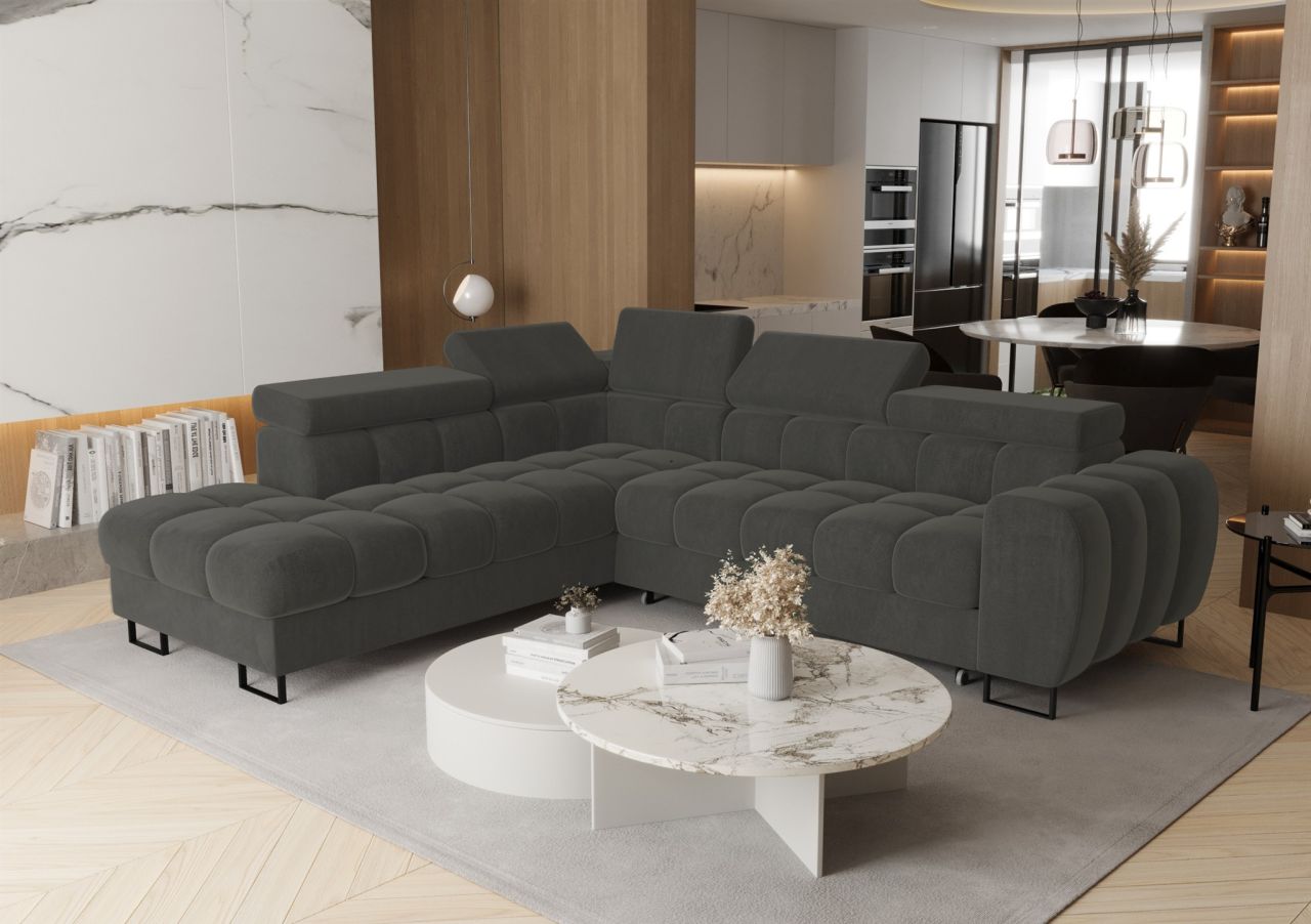 Ecksofa Schlafsofa BASTIEN MAX in Stoff Terra Dunkelgrau Ottomane Links