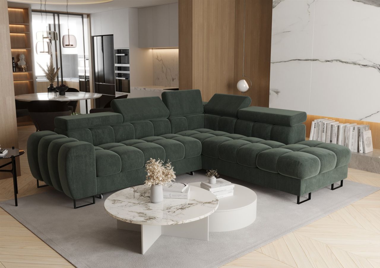 Ecksofa Schlafsofa BASTIEN MAX in Stoff Terra Grün Ottomane Rechts