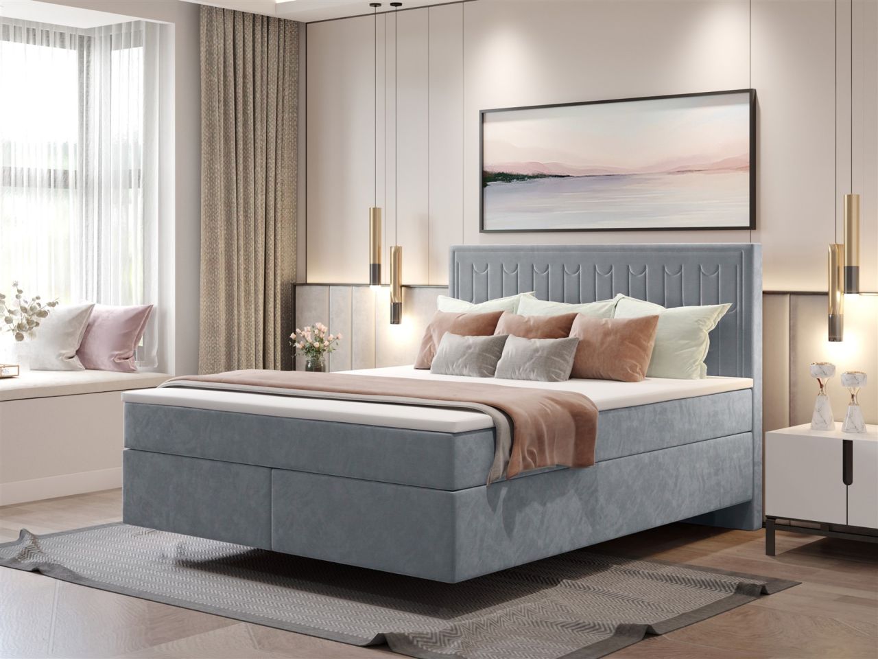 Boxspringbett Schlafzimmerbett ROCIO Nr.1 Delux 140x200cm in Stoff Graublau