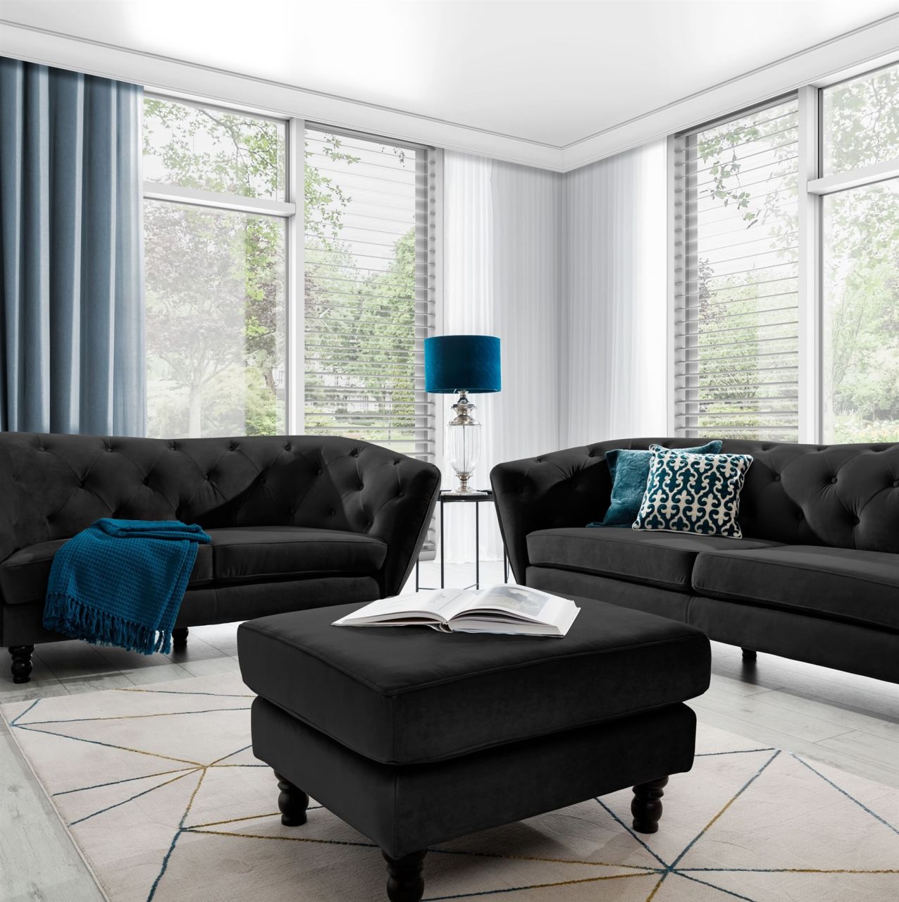 Polsterhocker Hocker Sitzhocker CHARLOTTE in Stoff Matt Velvet Schwarz