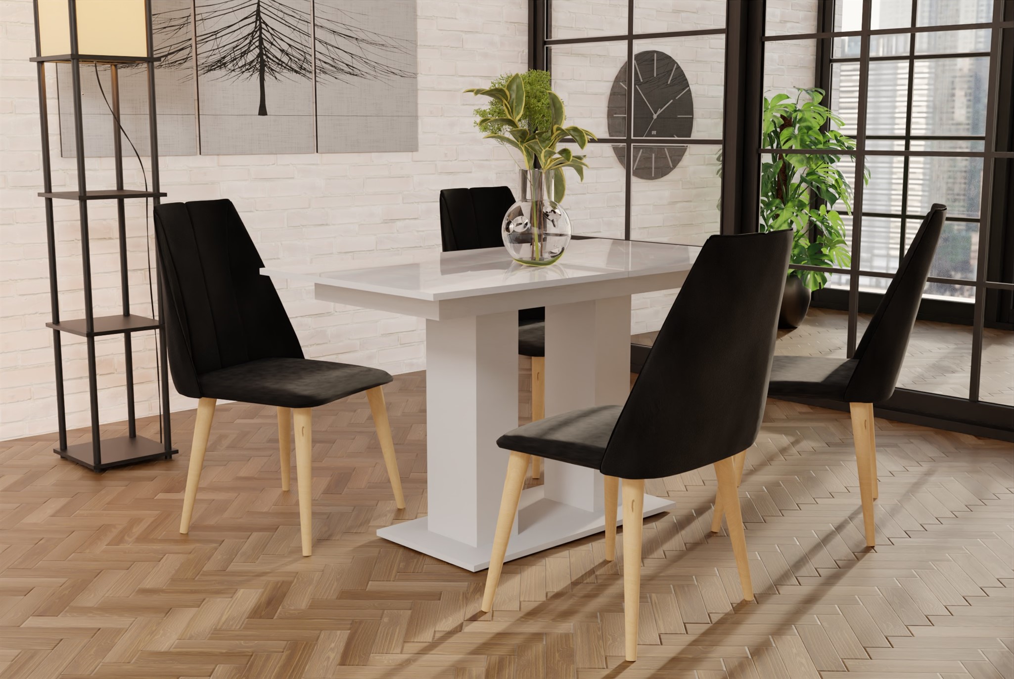 Essgruppe Weiss HGL-Tisch mit 4 Schwarz CAROS Stühlen für Esszimmer oder Küche | Esstisch mit Stühlen | Essgruppen | Wohn-& Essbereich