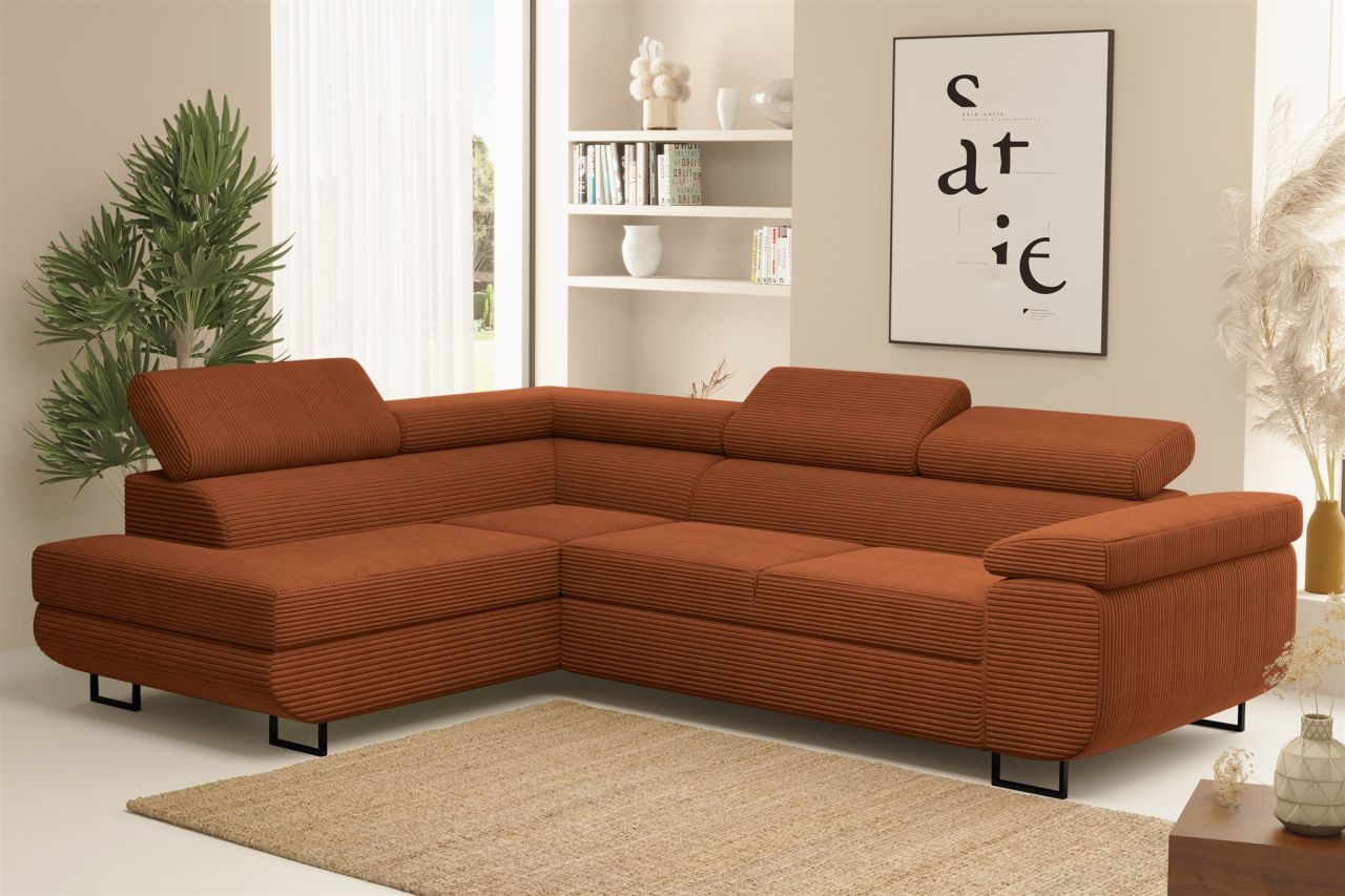 Ecksofa Sofa mit Schlaffunktion METZ Stoff Poso Rostbraun Ottomane Links