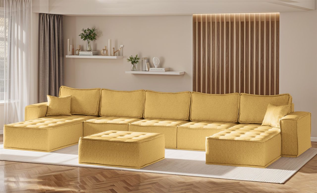 Wohnlandschaft Sofa U-Form Modulsofa-Set 6-teilig SANDE Stoff Raven Honiggelb