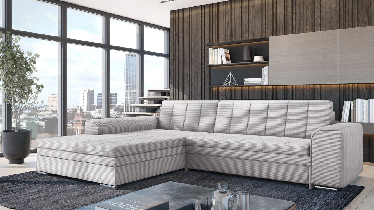 Ecksofa Schlafsofa Sofa LUSAKA in Stoff Lincoln Lichtgrau Ottomane Links