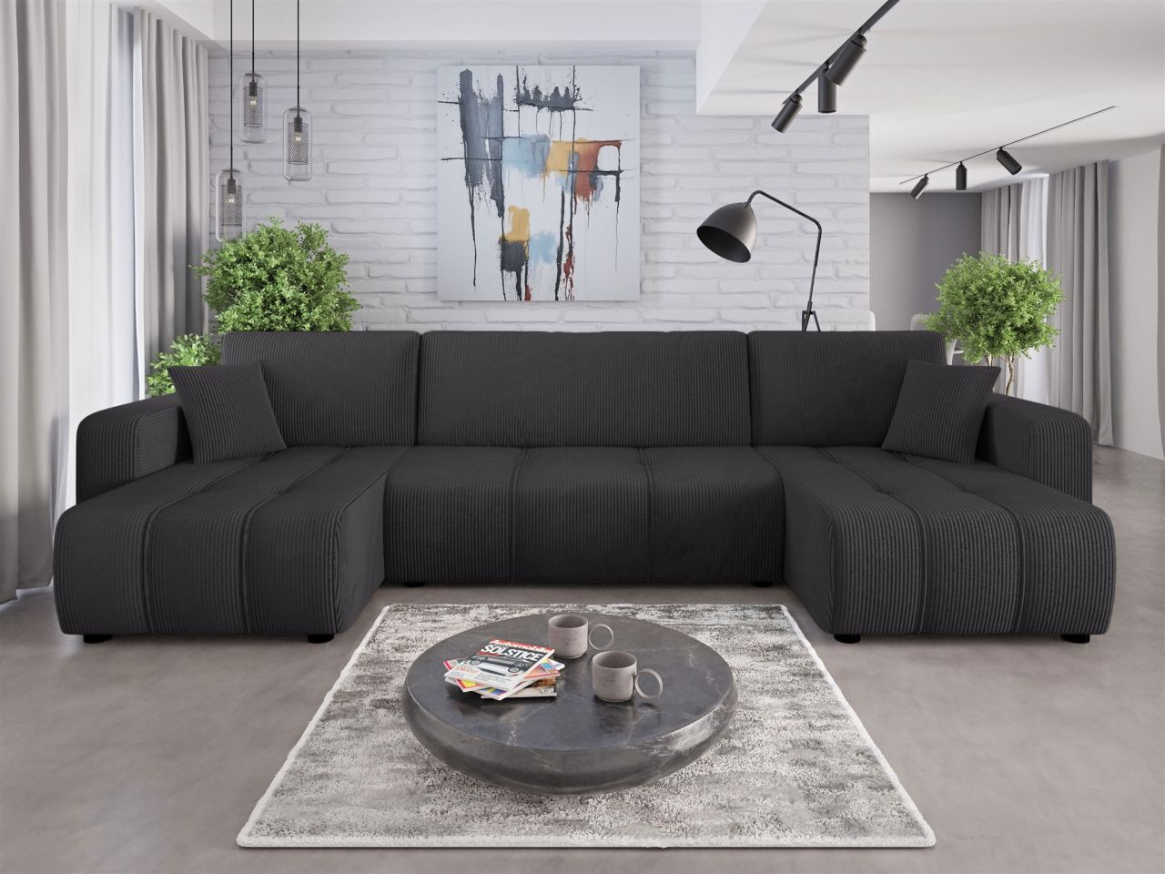 Wohnlandschaft mit Schlaffunktion DAGNY Sofa U-Form in Stoff Poso Schwarz