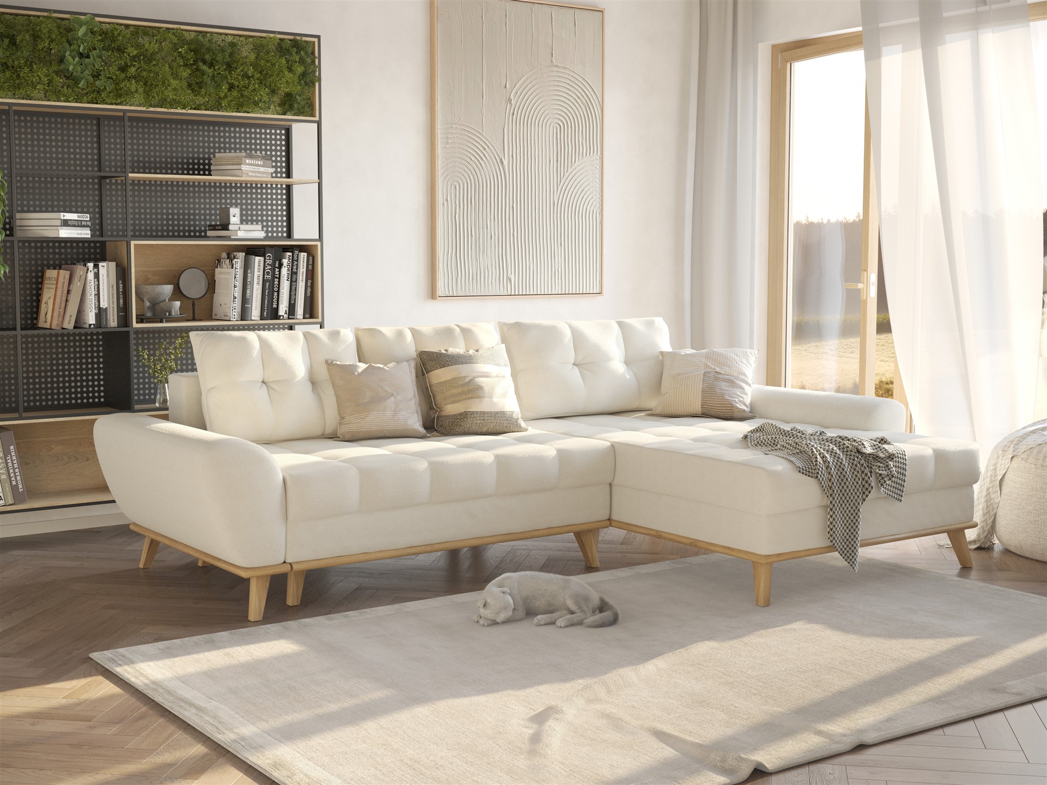 Ecksofa Schlafsofa Sofa MARTINA Stoff Enjoy Creme Ottomane Rechts | Ottomane: Rechts | Ecksofas mit Schlaffunktion | Polstermöbel
