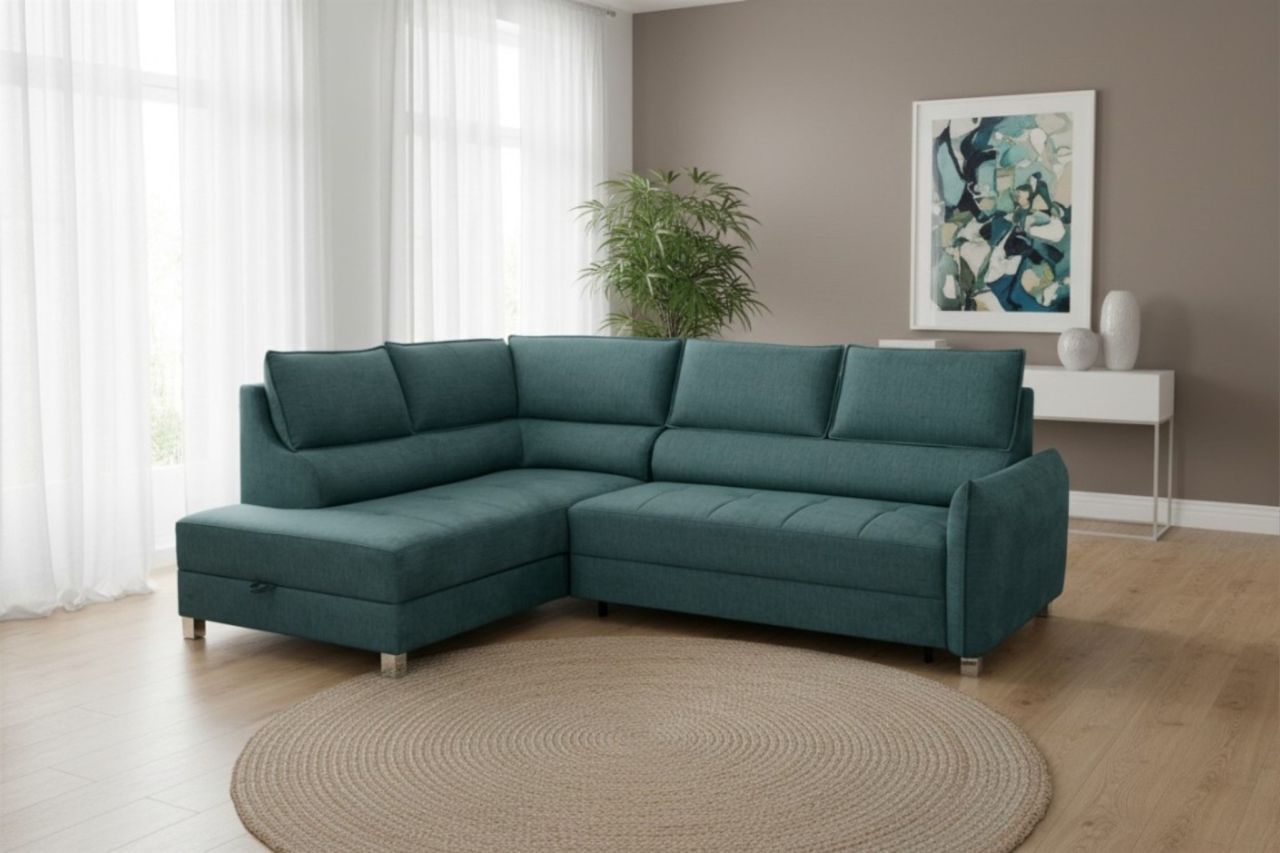 Ecksofa Schlafsofa Sofa MARNO in Stoff Chill Me Grün Ottomane Links
