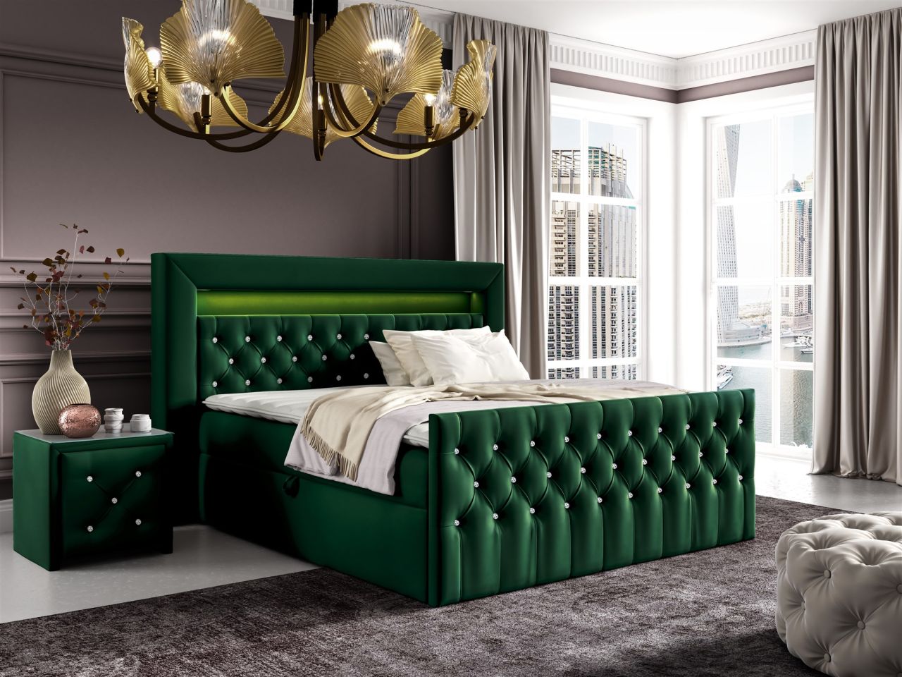 Boxspringbett Schlafzimmerbett SEVRA Nr.1 160x200cm in Elisa Velvet Dunkelgrün