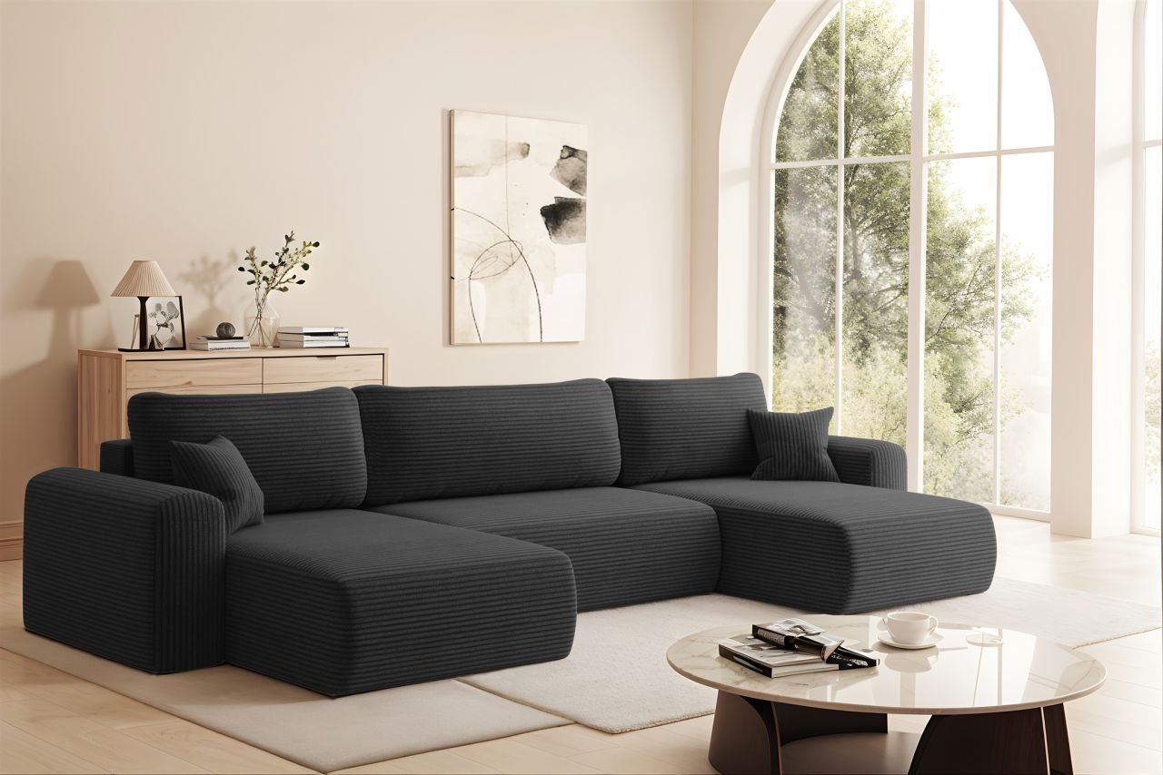 Wohnlandschaft Sofa mit Schlaffunktion FLORA Stoff Poso Schwarz