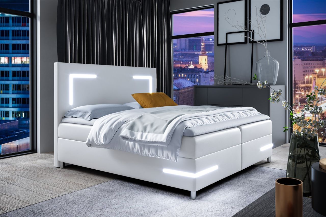 Boxspringbett Schlafzimmerbett ARIANO 120x200cm Weiss inkl. Bettkasten und LED
