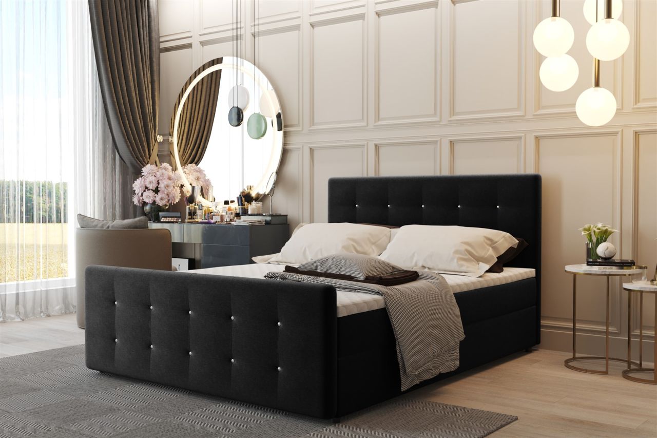 Boxspringbett Schlafzimmerbett CARLOS 140x200cm Stoff Schwarz inkl.Bettkasten