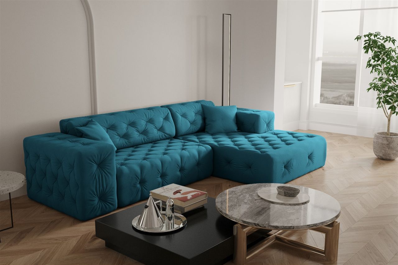 Ecksofa ersofa CHANTAL in Stoff Opera Velvet Ozeanblau Ottomane Rechts