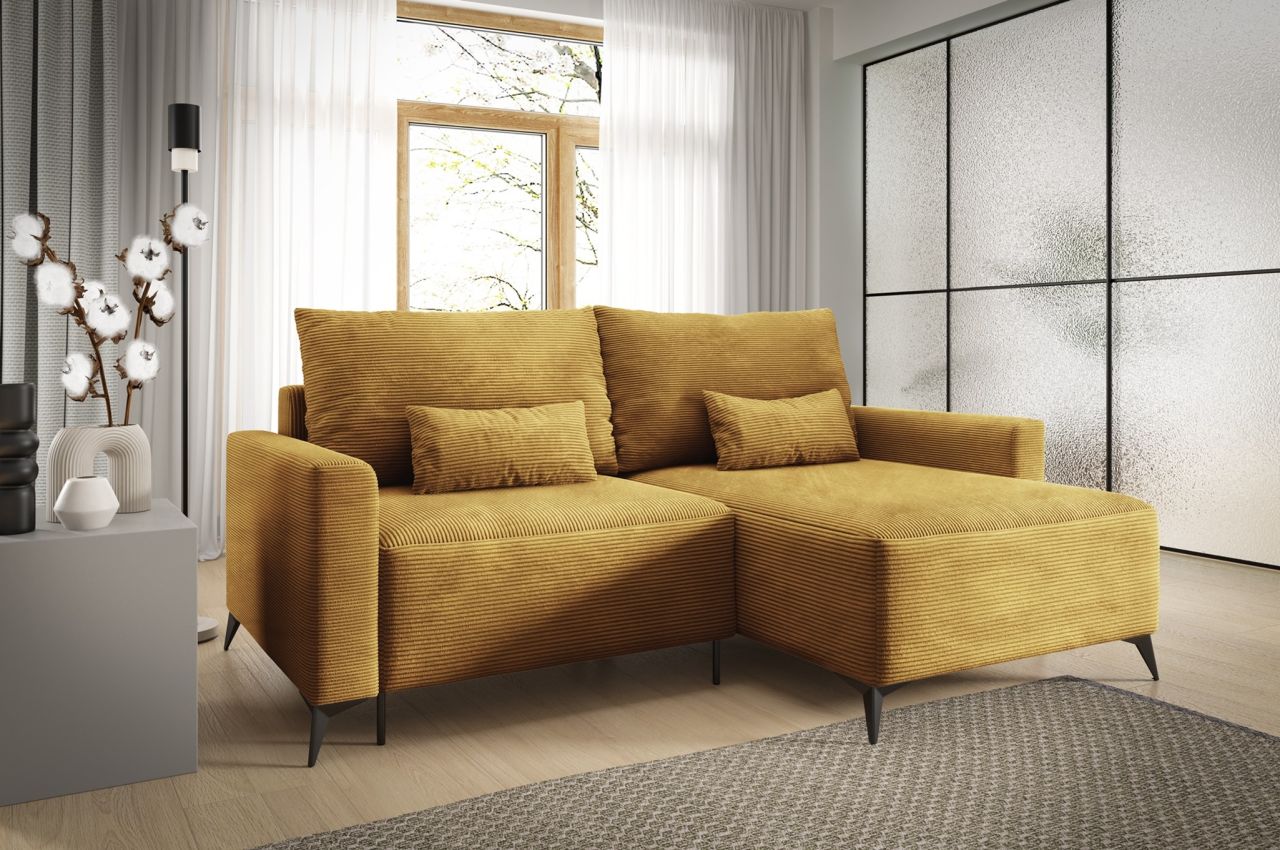 Ecksofa Schlafsofa Sofa SILVES in Stoff Poso Honiggelb Ottomane Rechts