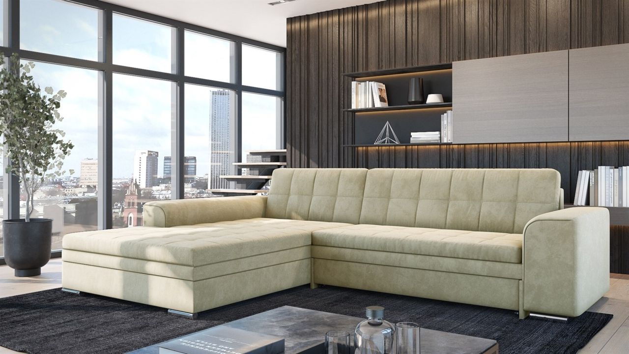 Ecksofa Schlafsofa Sofa LUSAKA in Stoff Fresh Creme Ottomane Links